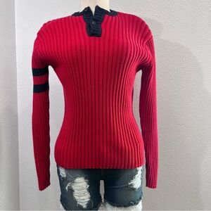 Polo Ralph Lauren  women’s Ribbed Red Henley Sweater with Navy Trim Sz Medium